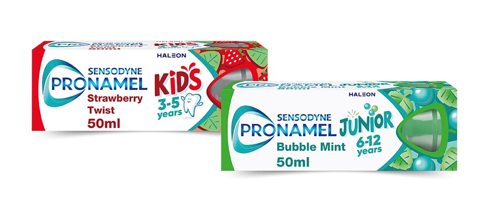 Pronamel Kids 3-5 years toothpaste in a Strawberry Twist flavour and Pronamel Junior 6-12 years toothpaste in a Bubble Mint flavour