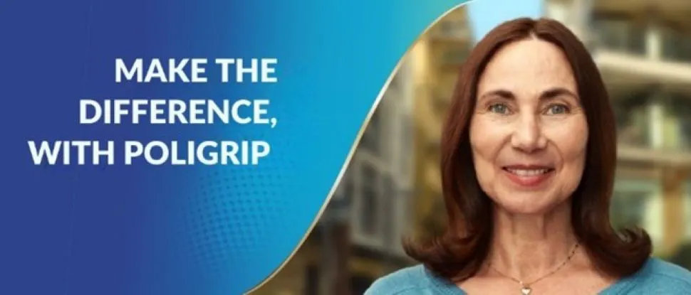 Hero image of middle age lady with brown hair smiling with the text ‘Make the difference, with Poligrip’