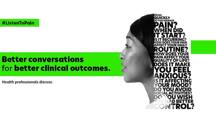 Image of a woman with a banner in green which says ‘Better conversations for better clinical outcomes’