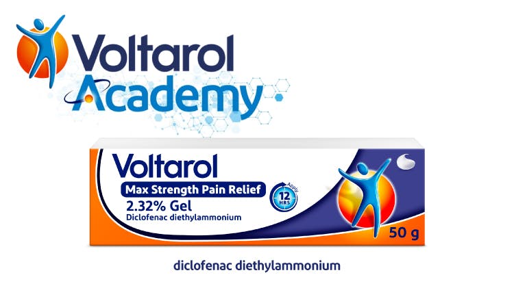 Voltarol academy logo and Voltarol Gel pack