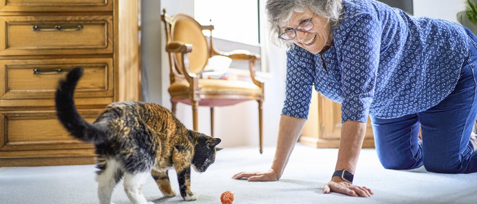 Image of a woman in her 60s playing with a cat and a ball kneeling on the floor