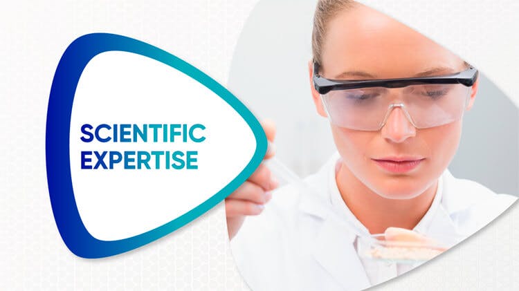 Text reads ‘scientific expertise’ with an image of a scientist working in a laboratory