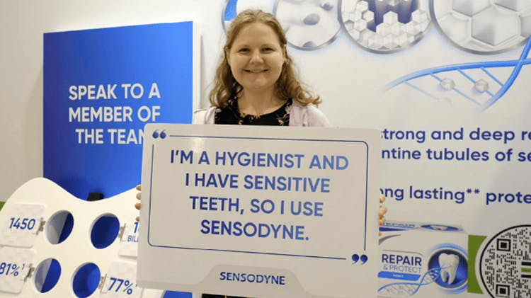 Images of dental professionals holding signs saying that they have sensitive teeth and use Sensodyne.