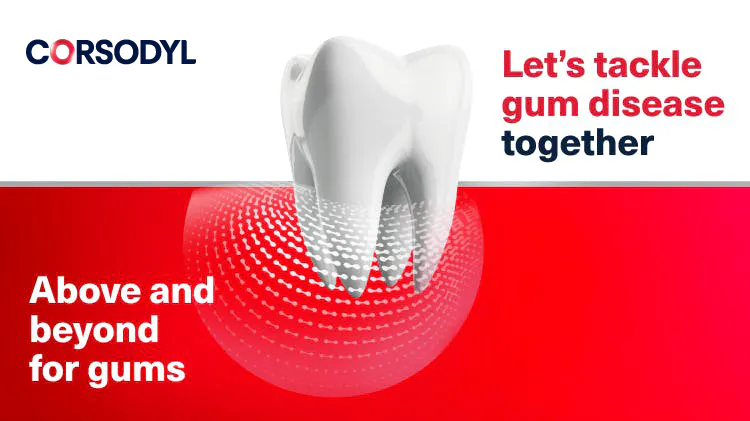 Graphic tooth icon with the text ‘Let’s tackle gum disease together’ and ‘Above and beyond for gums’