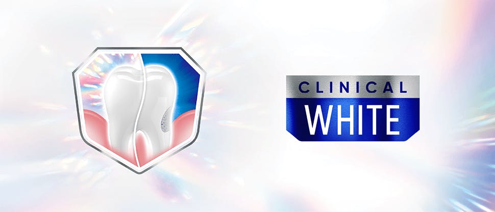 Sensodyne Clinical White toothpaste banner with tooth graphic