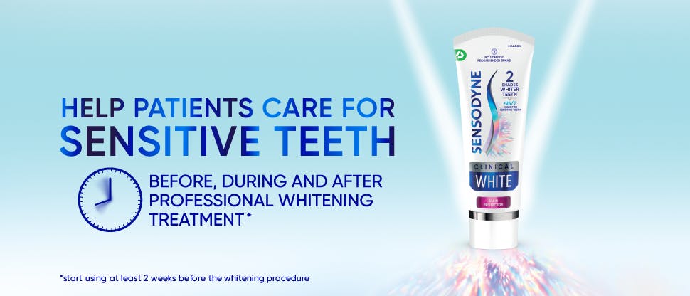 Sensodyne banner featuring whitening toothpaste packaging with the text “help patients care for sensitive teeth”