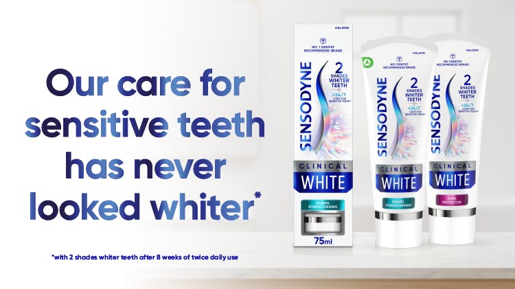 Sensodyne whitening toothpaste packshots with the text “Our care for sensitive teeth has never looked whiter