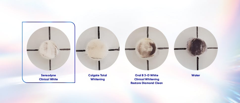 Stained bovine enamel samples treated with different whitening toothpastes and just water show that Sensodyne Clinical White removes stains effectively