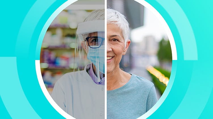 A pharmacist wears a face mask and face shield as PPE to help protect herself against COVID-19. 