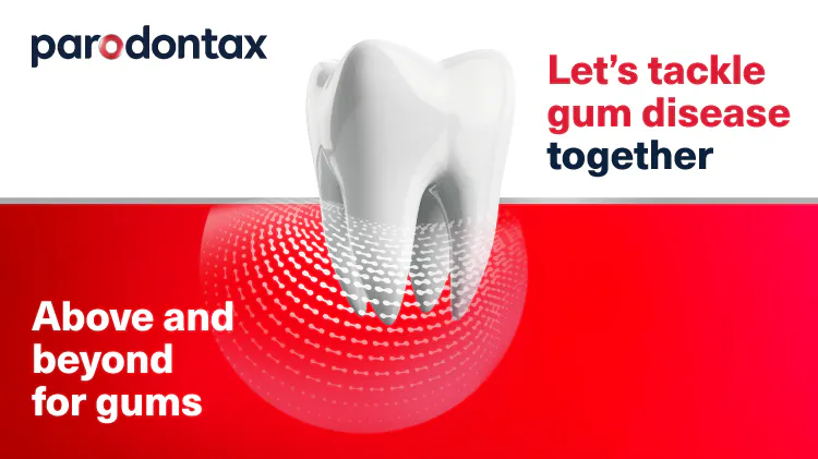 Graphic tooth icon with the text ‘Let’s tackle gum disease together’ and ‘Above and beyond for gums’