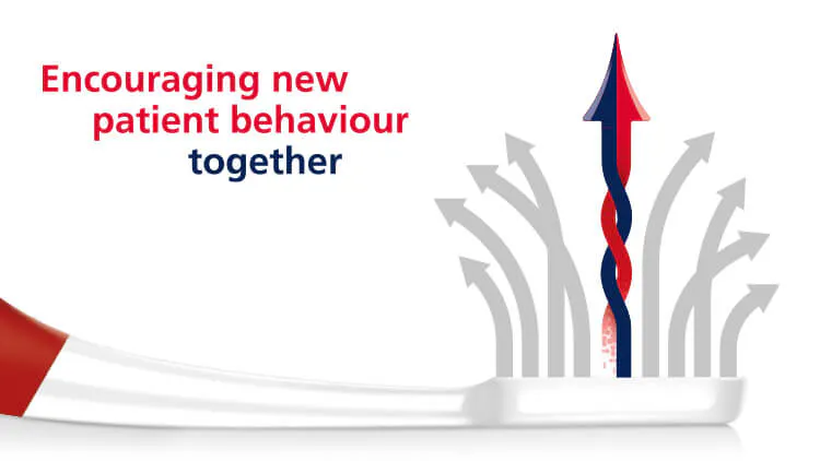 Graphic image of a toothbrush where its bristles are arrows pointing upwards, alongside the text “encouraging new patient behaviour”