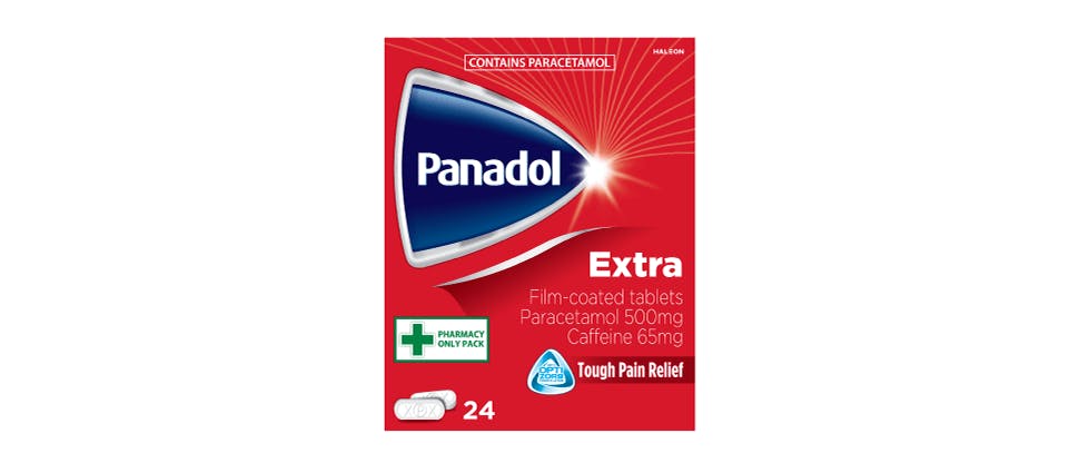 Panadol Extra Film Coated Tablets with paracetamol and caffeine pack shot