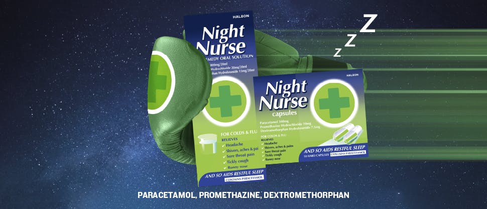 Night Nurse Cold Remedy Oral Solution & Capsules held in Boxing glove with night sky background