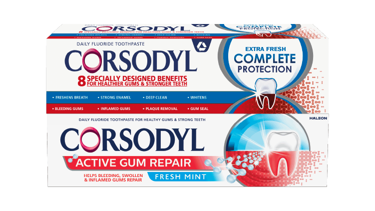 Corsodyl Active Gum Repair and Complete Protection Toothpaste packshots