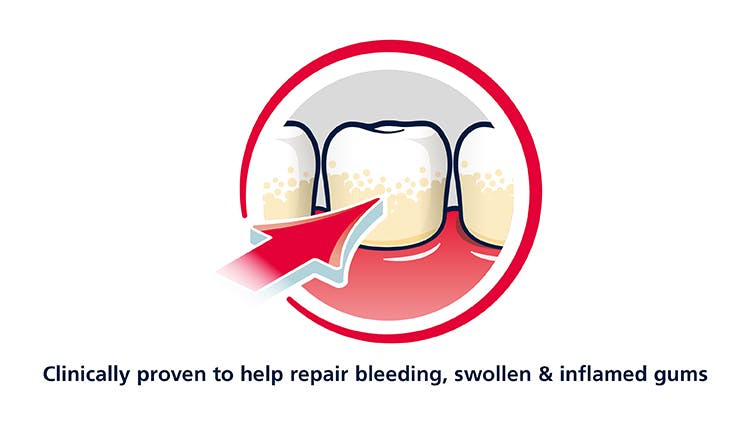 Graphic showing how Corsodyl Active Gum Repair removes plaque bacteria, tightens the gum seal and helps with teeth and gum health