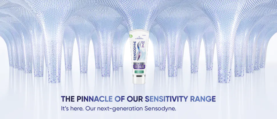 Sensodyne banner featuring a tube of Sensodyne Clinical Repair Toothpaste and the text “The pinnacle of our sensitivity range. It's here. Our next-generation Sensodyne formulation”