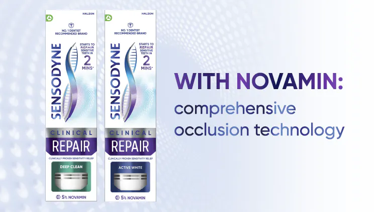 Sensodyne Clinical Repair toothpastes' pack shots close to the text "With NovaMin: comprehensive occlusion technology"