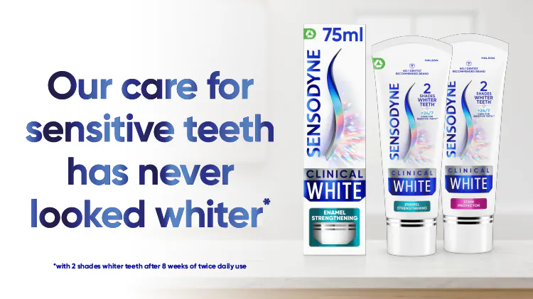 Sensodyne whitening toothpaste packshots with the text “Our care for sensitive teeth has never looked whiter*”