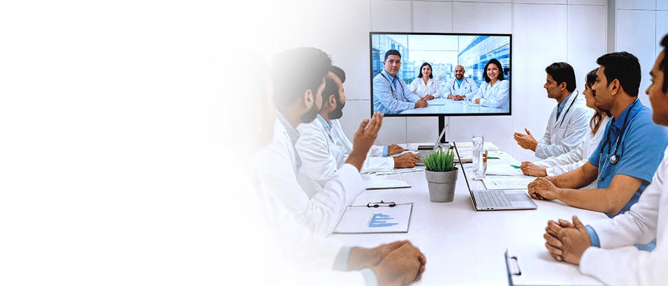 A group of doctors attending a video conference call
