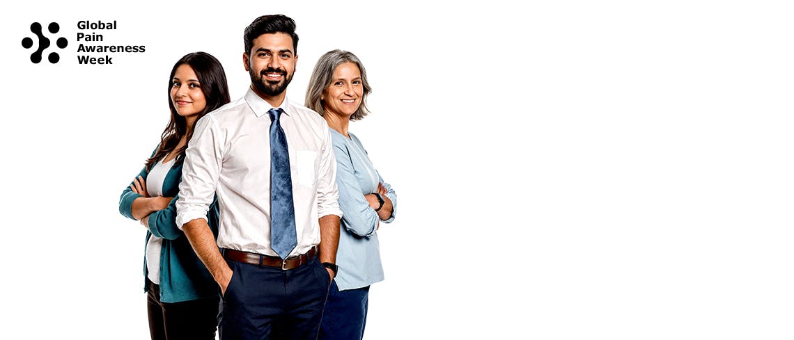 A photograph of three medical professionals with the Global Pain Awareness Week logo in the top left corner