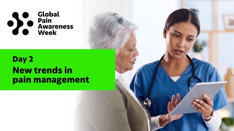 Image of a female doctor giving advice to a senior female patient, overlaid with the text “day 2: new trends in pain management”