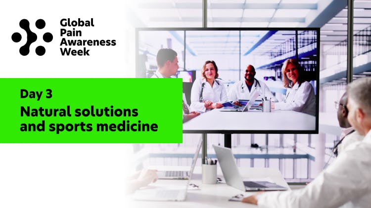 Image of a group of doctors attending a video conference call, overlaid with the text “day 3: natural solutions and sports medicine”