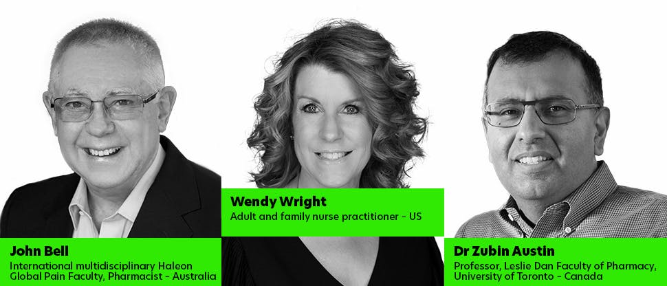 Images of pain experts John Bell, Wendy Wright and Dr Zubin Austin 