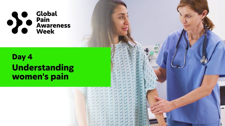 Image of a female doctor helping a female patient wearing a hospital gown with physical exercise , overlaid with the text “day 4: understanding women’s pain”.