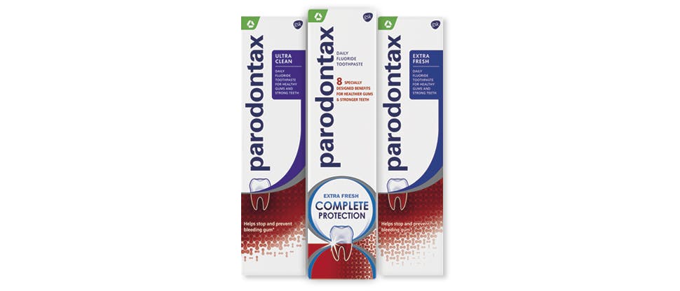 Packaging of the parodontax toothpaste product range, formulated with sodium bicarbonate to aid plaque removal.