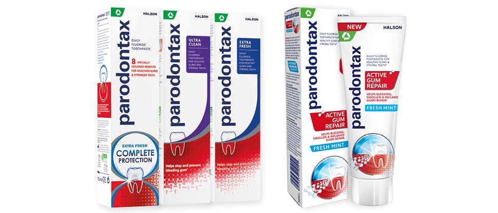 Packaging of the parodontax toothpaste product range, formulated with sodium bicarbonate to aid plaque removal.