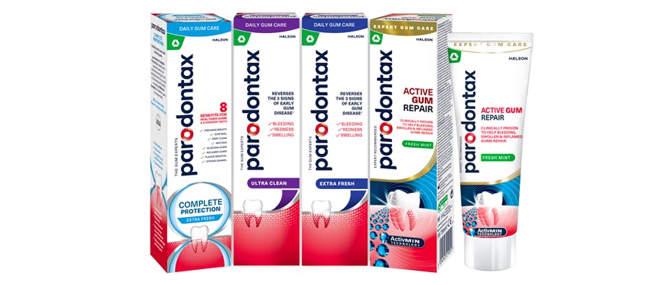 Packaging of the parodontax toothpaste product range, formulated with sodium bicarbonate to aid plaque removal.