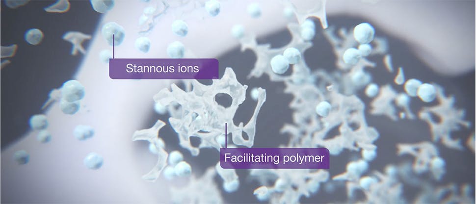 Stannous ions and facilitating polymer