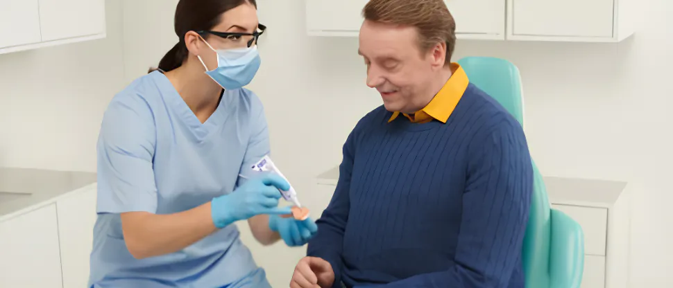Image of a young female dentist demonstrating using denture adhesive to a denture wearer