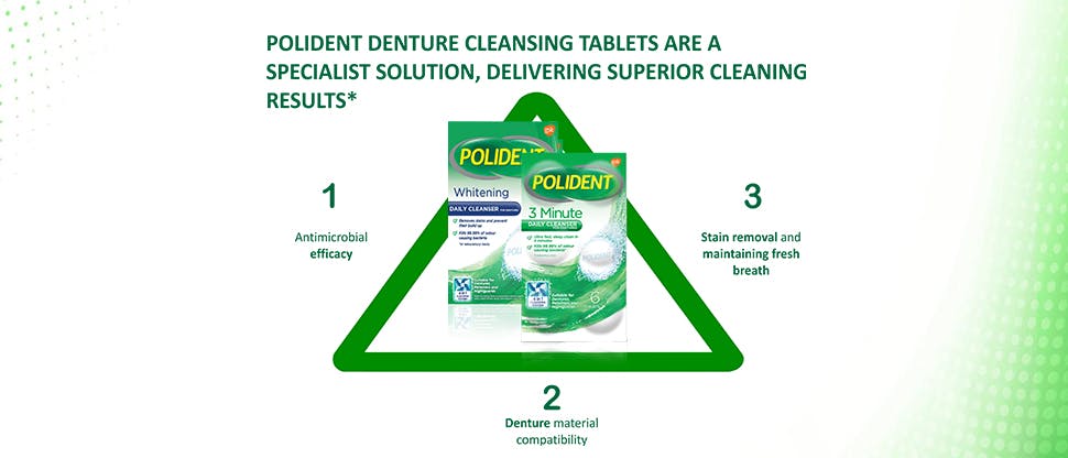 Polident denture cleanser action: antimicrobial efficacy, removes plaque and stains, suitable for appliances with metal parts