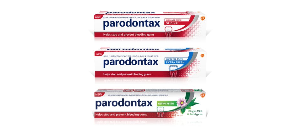 Packaging of the parodontax toothpaste product range, formulated with sodium bicarbonate to aid plaque removal.