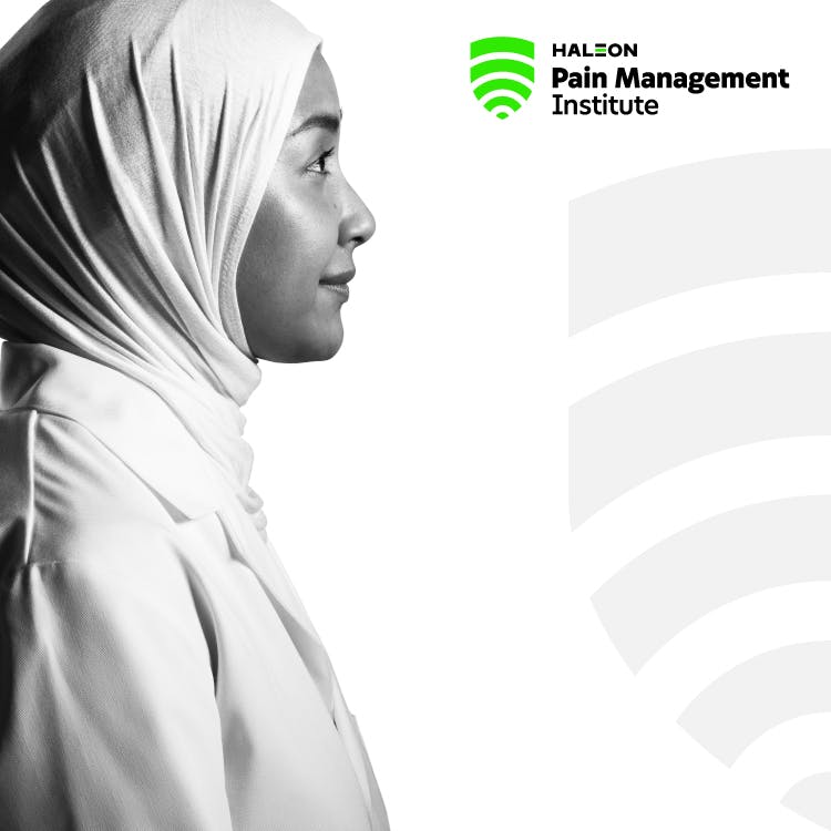 Image of the HPMI logo, and the side profile of a young woman wearing a headscarf