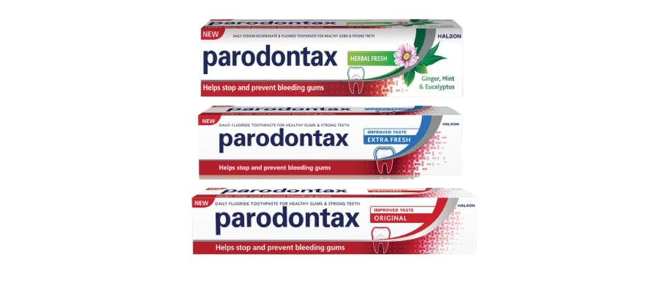Packaging of the parodontax toothpaste product range, formulated with sodium bicarbonate to aid plaque removal.