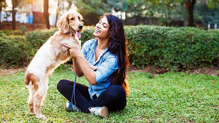 Young brunette woman sits on grass outside and smiles while playing with a golden-haired dog