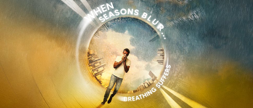 Graphic image of man sneezing while surrounded by a circle of blended seasons – suffering the impacts of climate change on his respiratory health. Headline says ‘When seasons blur… breathing suffers’