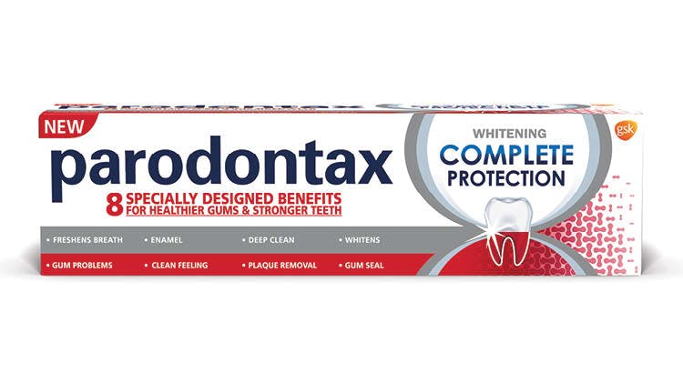 Packaging of the parodontax toothpaste product range, formulated with sodium bicarbonate to aid plaque removal