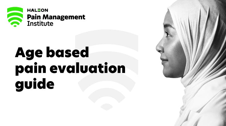 Image of the Haleon Pain Management Institute logo, and the side profile of a young woman wearing a headscarf