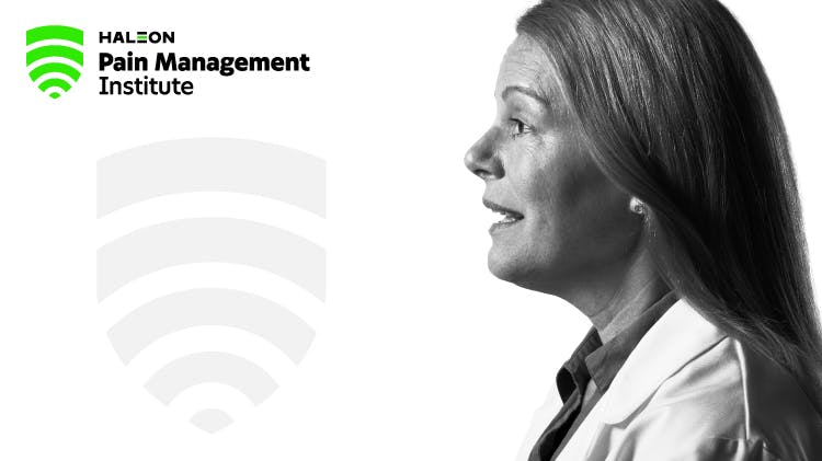 Image of the Haleon Pain Management Institute logo, and the side profile of a woman in her 40s wearing a lab coat, alongside the text “Science and research: Looking deeper into the data and science to discover new ways to approach pain management.”
