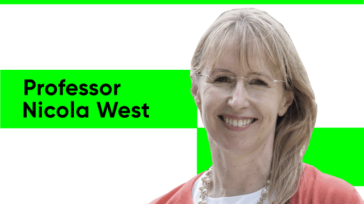 Headshot of Professor Nicola West, a white woman with blonde hair and glasses. She wears a white T-shirt, a layered pearl necklace and a coral-coloured cardigan