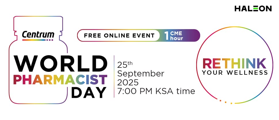 World Pharmacist Day title in Centrum Bottle in rainbow spectrum outline and has Centrum logo at the top of the bottle. To the right of the bottle is a graduation cap above the words “simple and science-backed habits to help avoid burnout”