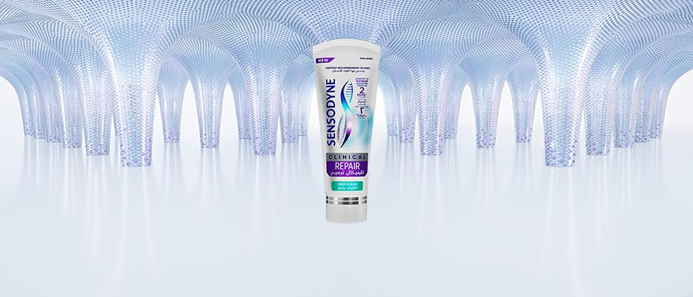 Sensodyne banner featuring a tube of the new Sensodyne Clinical Repair Toothpaste and the text “The pinnace of our sensitivity range”