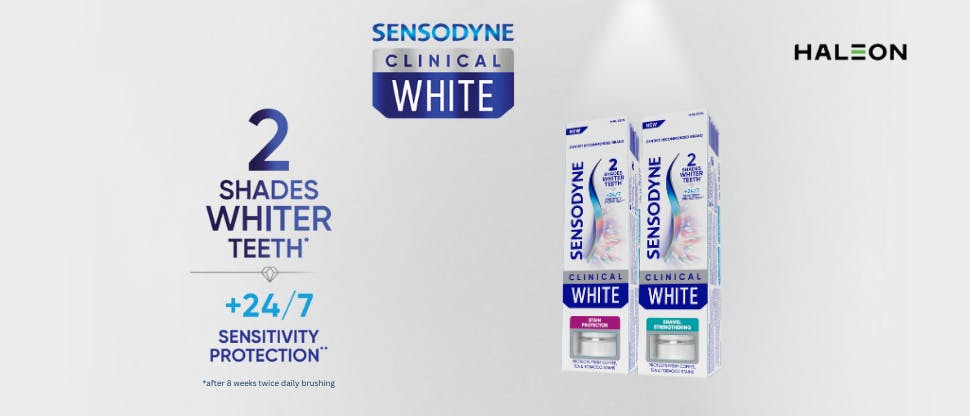 Sensodyne banner featuring whitening toothpaste packaging with the text “At one with your patients”