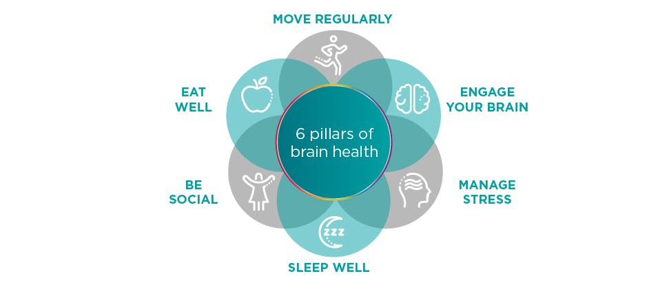 Diagram showing the 6 pillars of brain health, from the Global Brain Council. These are: eat well, move regularly, engage your brain, manage stress, sleep well and be social.