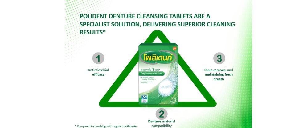Polident denture cleanser action: antimicrobial efficacy, removes plaque and stains, suitable for appliances with metal parts