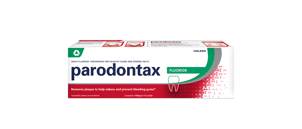 Packaging of the parodontax toothpaste product range, formulated with sodium bicarbonate to aid plaque removal.
