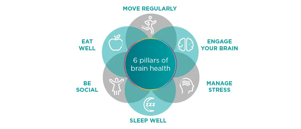 Diagram showing the 6 pillars of brain health, from the Global Brain Council. These are: eat well, move regularly, engage your brain, manage stress, sleep well and be social